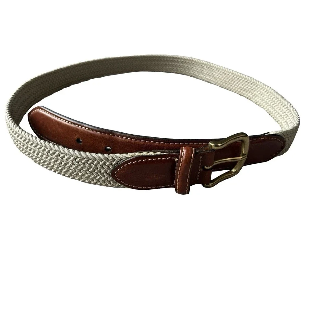 Lands’ End Woven Stretch Belt Size 38 Khaki Brown Leather Made in England